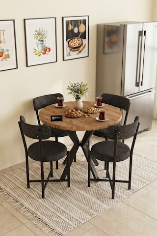 Mutfak Masası 4 Sandalyeli Set 90 Çap Yuvarlak Cafe Balkon Ofis Masa Yemek Takımı Teddy 9861 Antrast Çok Renkli