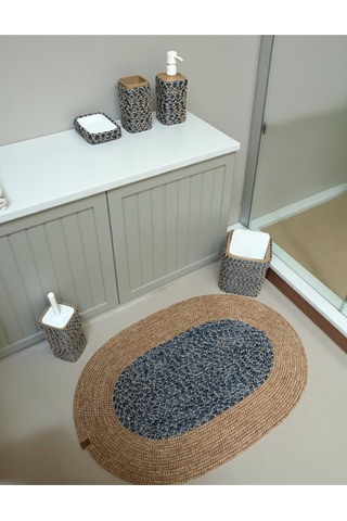 Doğal Dokulu Hasır Görünümlü 6 Parça Banyo Takımı Zarif Ve Modern Mavi