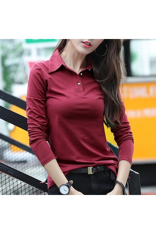 Düğme T Gömlek Kadın Sonbahar Üstleri Dönüş Yaka Ince Pamuklu Tişört Kadın Uzun Kollu Kadın Giysileri Tee Gömlek Femme Kırmızı