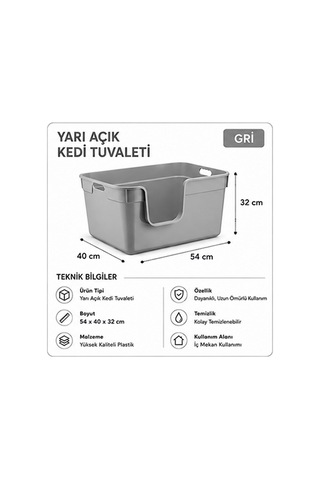 Pribor Yüksek Kenarlı Yarı Açık Kedi Tuvaleti, Geniş Ve Kolay Temizlenebilir 54 X 40 X 32 Cm Gri