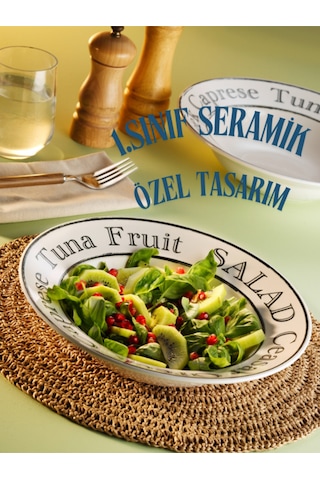 Grandora Şık Makarna Ve Salata Tabağı 26 Cm - Caesar, Greek, Caprese Tasarımlı Büyük Çukur Tabak Beyaz