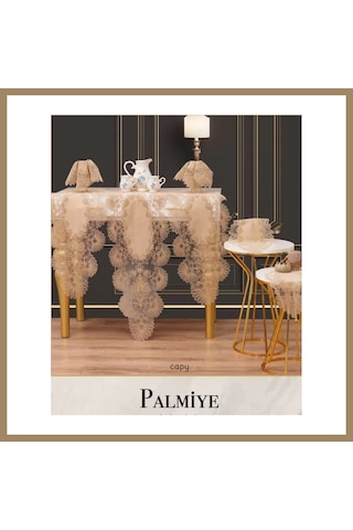 Kahveci.store Kapiçino Palmiye Model 7 Parça Keten Masa Örtüsü Runner Seti Salon Takımı 22