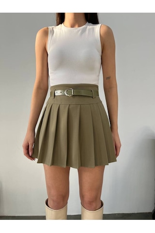Kadın Dokuma Kumaş Pileli Kemerli Etek Astarlı, Mini Boy, Modern Ve Şık Tasarım Haki