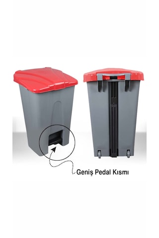 Pedallı Çöp Kovası 70 Lt Tekerlekli Kırmızı Kapak Gri Gövde Gri - Kırmızı