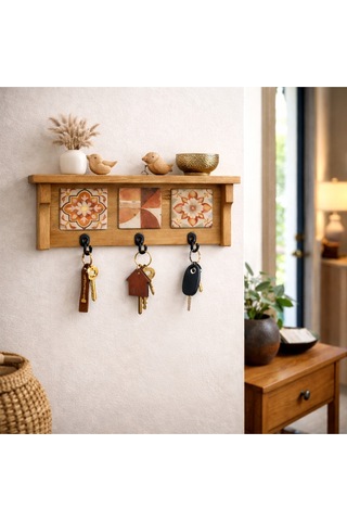 3 Askılı Doğaltaş Dekorlu Ahşap Duvar Düzenleyici Giriş Holü Anahtarlığı, Mutfak Ve Banyo Duvar Rafı 28x12-3 Askılık