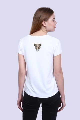 Newdesigner Kadın Beyaz Ön/Arka Tiger Baskılı V Yaka Tshirt Beyaz