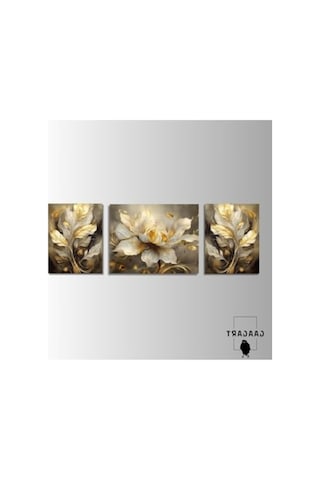 3 Parça Şık Kanvas Duvar Tablosu, Gold Sarı Beyaz Çiçek Tasarım, 40 X 60 Cm