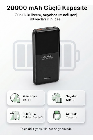 Ym832 20000mah 22.5w Süper Hızlı Şarj Type-c Ve Lightning Kablolu Powerbank Siyah