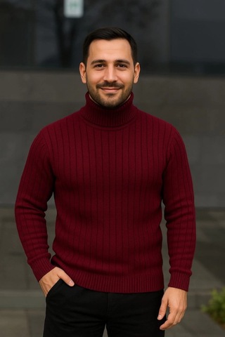 Erkek Balıkcı Yaka Bağazlı Triko Kazak Pamuklu Kalın Fitilli Dokuma, Regular Fit Uzun Kollu Kışlık Model - Bordo Bordo