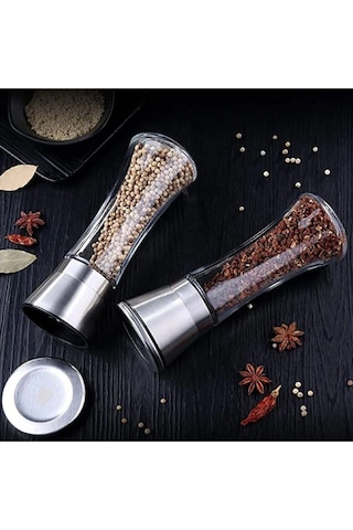 Morponi Cam Gövdeli Paslanmaz Çelik Kapaklı Tuz Karabiber Değirmeni Tuz Karabiber Öğütücü 19 Cm 2 Adet Şeffaf