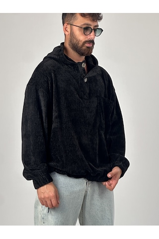 Kadife Dokulu Siyah Oversize Kapüşonlu Erkek Sweatshirt Coc1038 Siyah