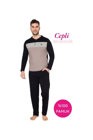 Guava Erkek 3 Düğmeli %100 Pamuk Mevsimlik Uzun Kol Cepli Pijama Takımı Siyah