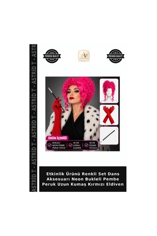Astrid T Etkinlik Ürünü Renkli Set Dans Aksesuarı Neon Bukleli Pembe Peruk Uzun Kumaş Kırmızı Eldiven