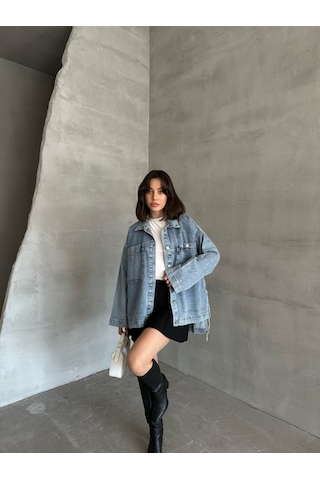 Esra Butik78 Açık Mavi Yıkamalı Oversize Kot Ceket Çift Cepli Salaş Denim Ceket