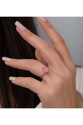 Rose Altın Kaplama Pembe Zirkon Taşlı Lotus Çiçeği Kadın  Yüzük Pembe