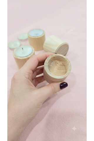 4'lü Doğal Ham Ahşap Tealight Mumluk Seti + 4 Adet Mum Hediyeli