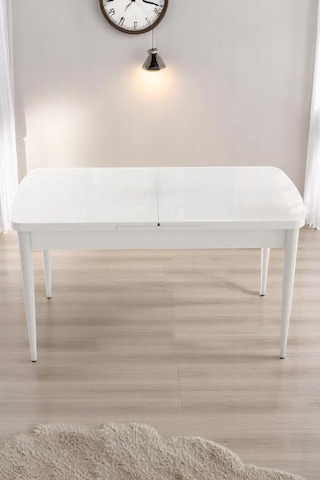 Milas Serisi 80 X 132 Açılabilen Beyaz Mdf Mutfak Masası, Yemek Masası Metal Ayak Beyaz