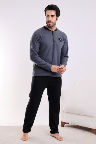 Falkon 7202 Polar Kışlık Erkek Ev Pijama Takımı Uyku Takımı Gri