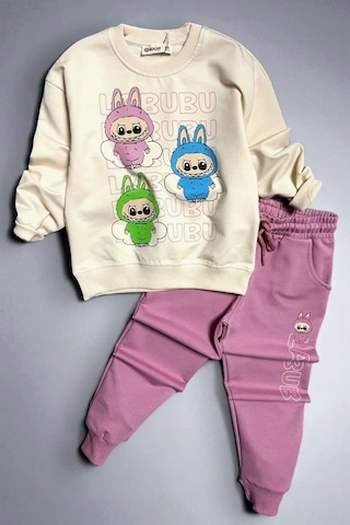Labubu Desenli Kız Çocuk Pembe Renk Eşofman Takım 2 Li Set Pembe