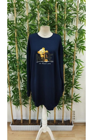 Kadın Uzun Kollu Bisiklet Yaka Ayı Desenli Viskon Iki Iplik Elbise Lacivert