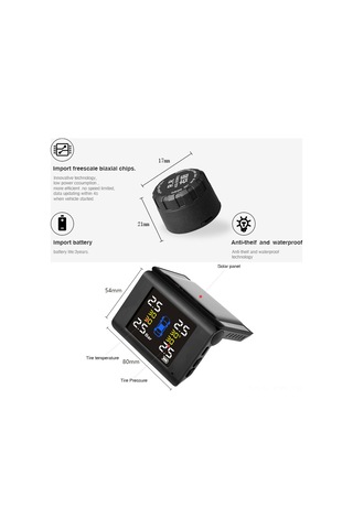 Youmex "4 Sensörlü Kablosuz Tpms Araç Lastik Basınç Monitörü - Solar Şarjlı Büyük Ekran" Siyah