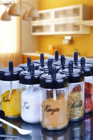 Cam 12 Adet Kapağı Kendinden Kaşıklı Cam Baharatlık Seti Ve 30 Adet Suya Dayanıklı Şeffaf Etiket-30 ŞEffaf