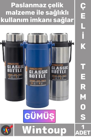 Termos Yalıtımlı Sızdırmaz Sağlam Kamp Outdoor Soğuk Sıcak Taşıma Kulplu Çelik Termos 800 Ml Gümüş Çok Renkli