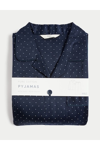 Marks & Spencer Saf Pamuklu Desenli Pijama Takımı T07004770 Lacivert