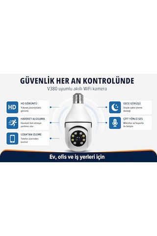 Blue Inter Ampul Tipi Wifi Güvenlik Kamerası E27 Duylu Döner Başlıklı Akıllı Kamera Uzaktan Canlı İzleme Telefon Kontrollü Gece Görüşlü