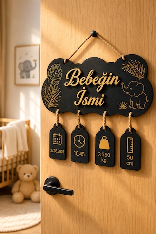 Kişiye Özel İsimli Bulut Ahşap Bebek Doğum Hediyesi - Balonlu Doğum Tarihi Saat Kilo Boy Etiketli Oda Kapı Önü Aksesuarı Süsü Siyah Gold