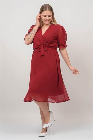 Dip Moda Kadın Astarlı Büyük Beden Şifon Elbise Dpnb8062 Bordo