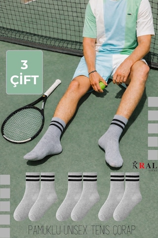 Kral Socks Erkek Kadın 3 Çift Çizgili Kolej Tenis Çorabı Pamuklu Terletmez Çorap Gri