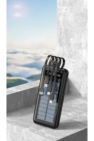 Powerbank10000 Mah Güneş Enerjili Göstergeli Powerbank Solar Fenerli Güneş Enerjili Type C - Lightning - Micro Usb - Usb Kablolu Senalstore Siyah