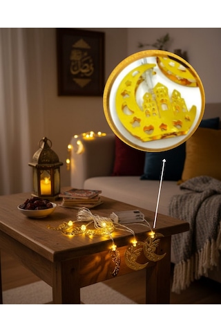 Muratech Ramazan Minare Detaylı Hilal Led Işık Günışığı Sarı Metal Süs 2 Adet