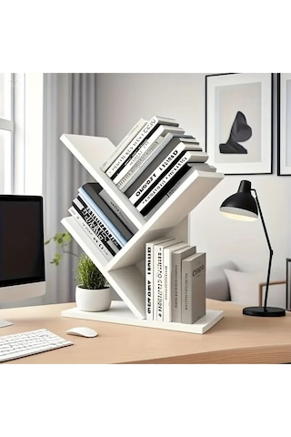 Ağaç 5 Raflı Dekoratif Kitaplık Eğimli Raflı Modern Masaüstü Kitaplık Beyaz Beyaz