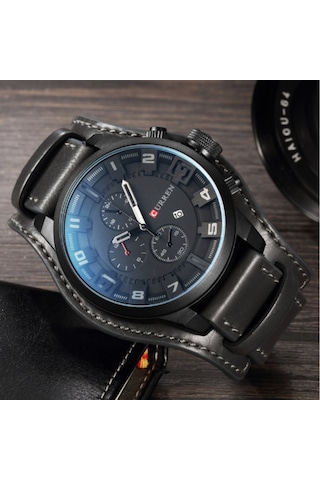 Geeksen Erkekler İçin Büyük Gösterge Ve Takvimli Deri Kordonlu Kuarc Saat - Curren M8225 Siyah-gri Çok Renkli