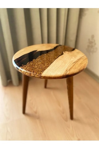 Fawdecor Yuvarlak Epoksi Kahve Desenli Masif Ahşap Reçine Sehpa