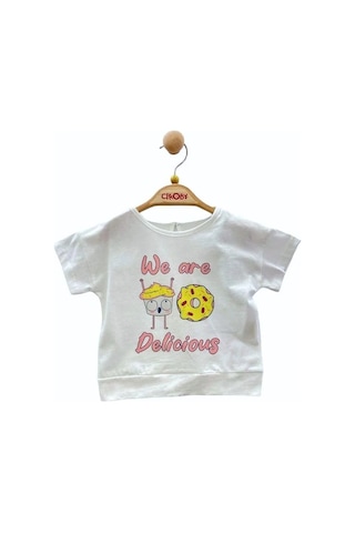 Çikoby Kız Bebek Pamuklu Donat Baskılı T-shirt-13895 Beyaz