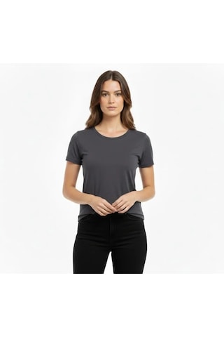 Defymoda T-shirt Bisiklet Yaka Slim Fit Likralı Tişört Günlük Basic Body - Füme Füme