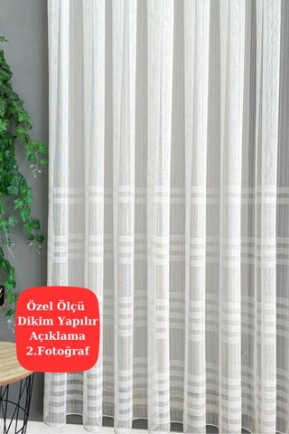 Tül Perde Keten Lüks Simli Pırıltılı Şeritli Çizgili Sakallı Gramajlı Sık Pile Beyaz