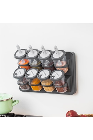 Porsima 1117 Standlı Kaşıklı 360° Döner Kapaklı Baharatlık Seti Antrasit - Gri