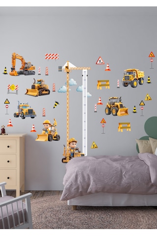 İş Makinası Temalı Boy Ölçerli Duvar Sticker Seti - Mat, Sökülebilir, Çocuk Odası Dekoru 01