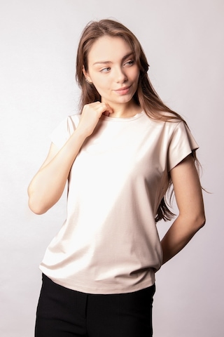 Kadın İpeksi Kumaş Geniş Sıfır Yaka Kısa Kol Tshirt Bluz-bej Bej