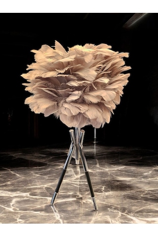 Tüylü Dekoratif Tripotlu 3'lü Ayaklı Abajur - Pembe Pembe