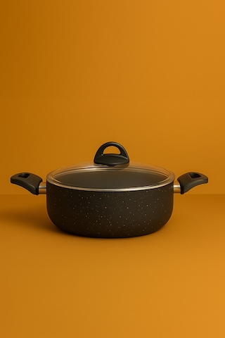 Yunusoğlu Home 24 Cm Granit Tencere 5 Litre, Isınmaz Bakalit Kulplu, Cam Kapaklı, Alüminyum Tabanlı Siyah
