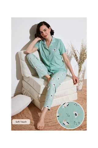 Lela Regular Fit Gömlek Yaka Kısa Kollu Bayan Pijama Takımı 65740102 Mint