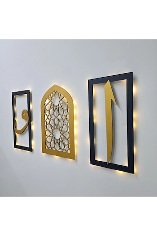 Led Işıklı Elif, Vav, Motif Tablo 3 Lü Tablo Set- Gold