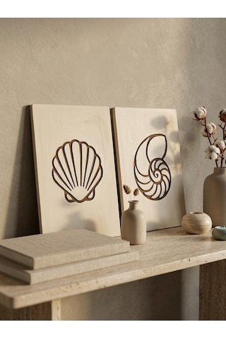 Maris Relief 2'li Duvar Sanatı Seti - Modern Minimalist Deniz Kabuğu Motifli Kazıma Tablo