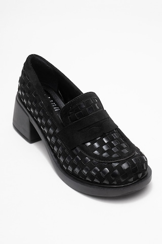 Luvishoes Luvi Shoes Marlon Siyah Örgülü Kadın Kalın Topuklu Loafer Ayakkabı Siyah