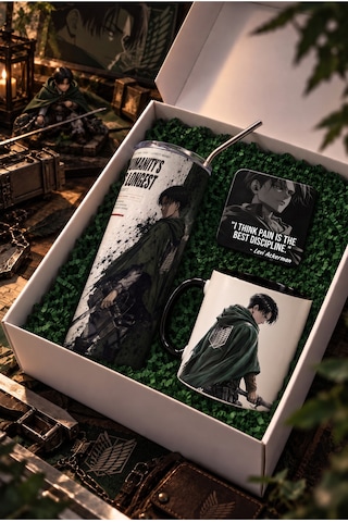 Anime Severlere Özel Attack On Titan Levi Desenli Hediye Seti Levi Termos, Levi Kupa, Levi Bardak Altlığı